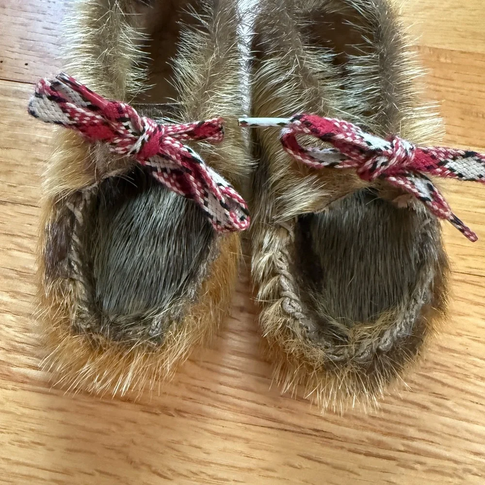 Vintage 60’s Zoo Pets Brand Seal Fur Moccasin Slippers with Red Plaid Bow